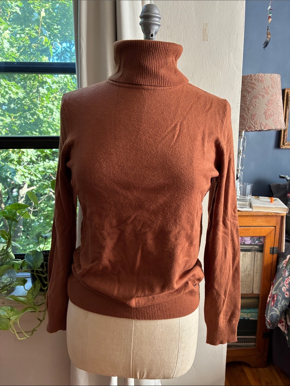 Calvin Klein Turtleneck Sweater in Rust Brown - Women's Cozy Knit